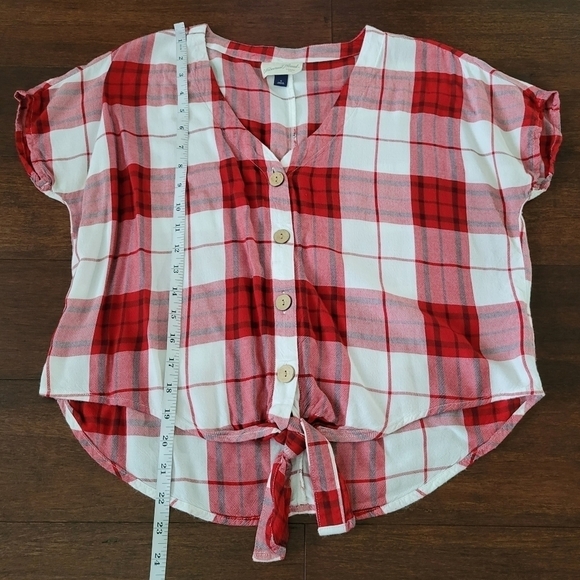 Universal Thread Red & White Plaid Tie Front Button-Up V-Neck Top Women's Size S - Picture 7 of 7
